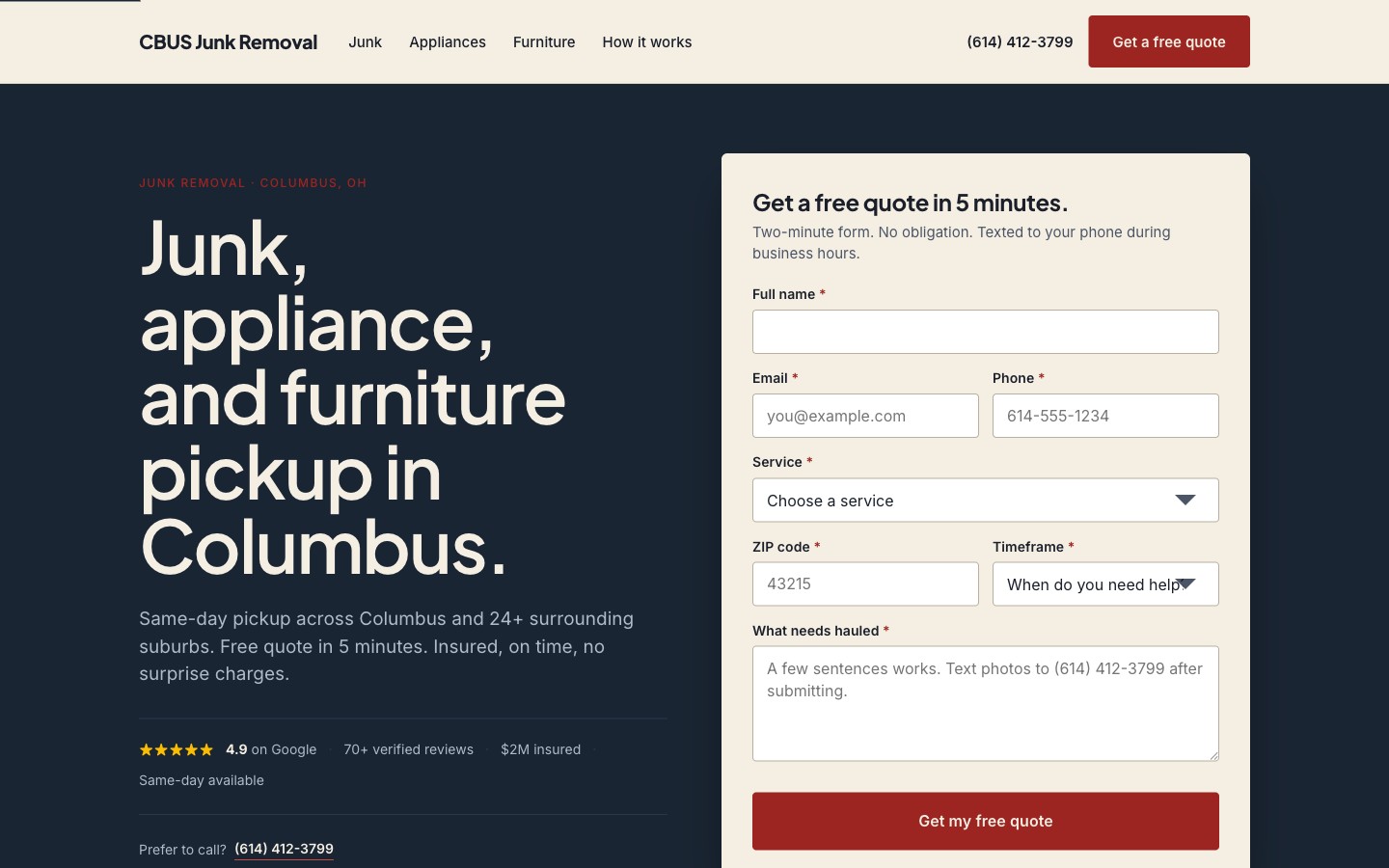 Screenshot of the CBUS Junk Removal homepage